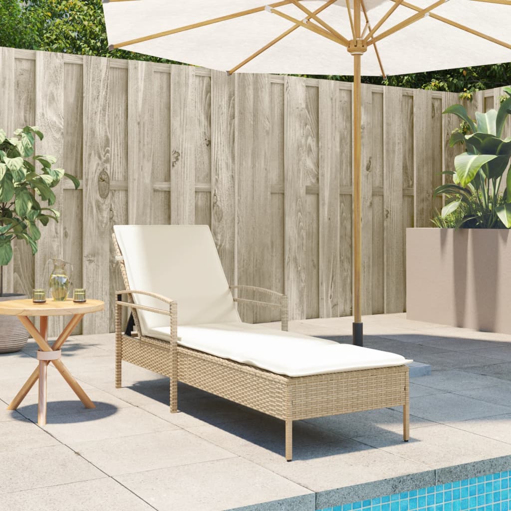 bézs polyrattan napozóágy párnával 63x200x81 cm