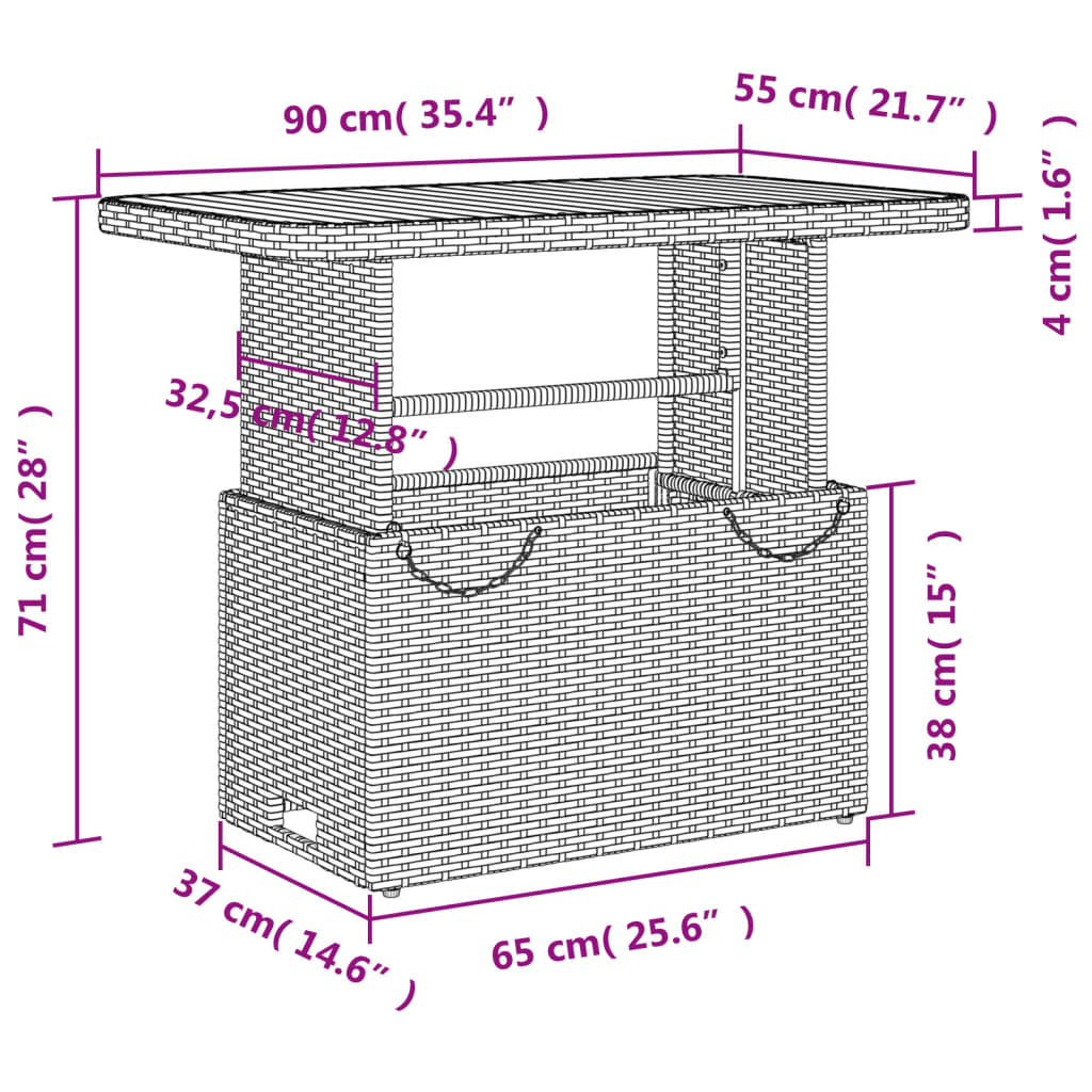 fekete polyrattan és akácfa kerti asztal 90 x 55 x 71 cm