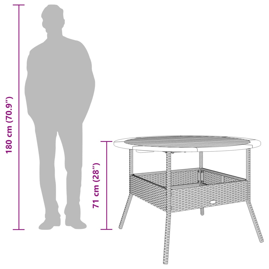 fekete polyrattan kerti asztal akácfa lappal Ø110 x 71 cm