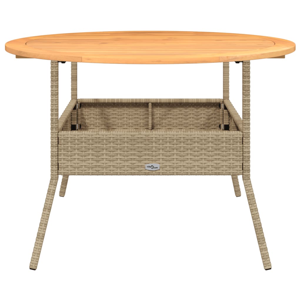 bézs polyrattan kerti asztal akácfa lappal Ø110 x 71 cm