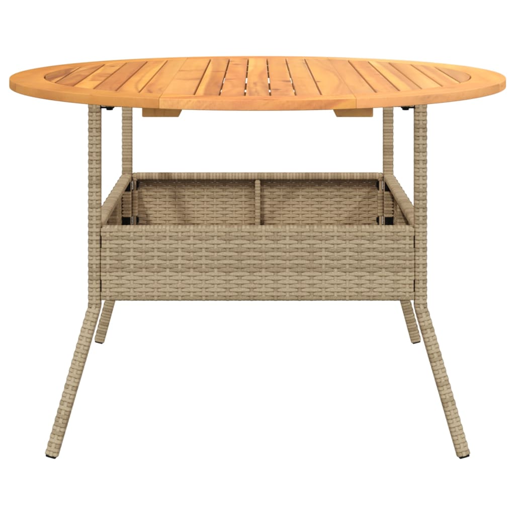 bézs polyrattan kerti asztal akácfa lappal Ø110 x 71 cm