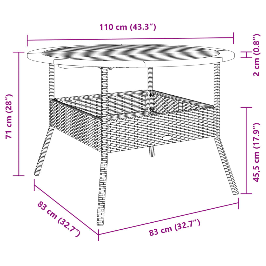 bézs polyrattan kerti asztal akácfa lappal Ø110 x 71 cm