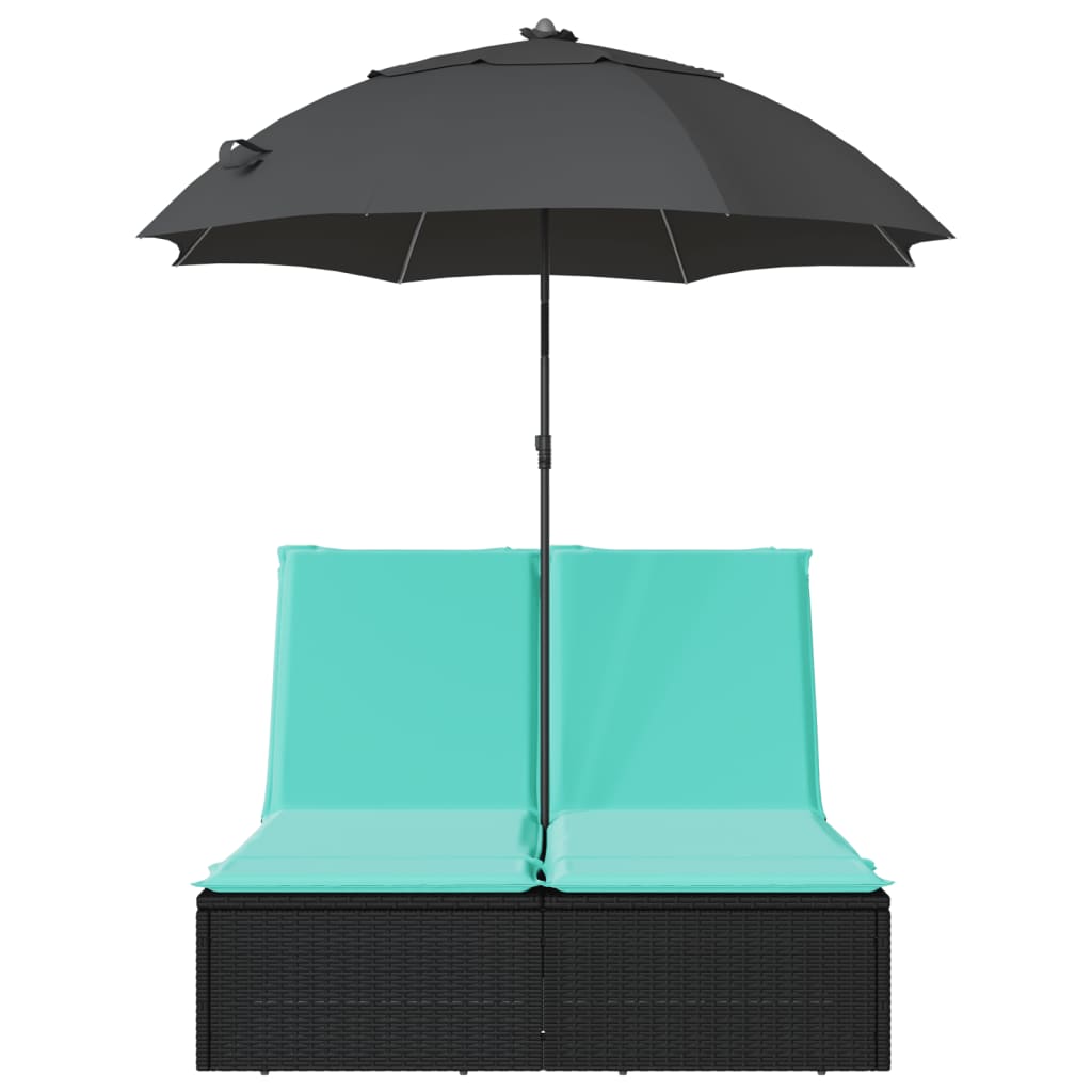 fekete polyrattan dupla napozóágy párnával és napernyővel