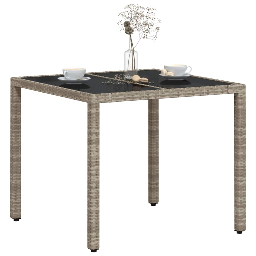 világosszürke polyrattan üveglapos kerti asztal 90 x 90 x 75 cm