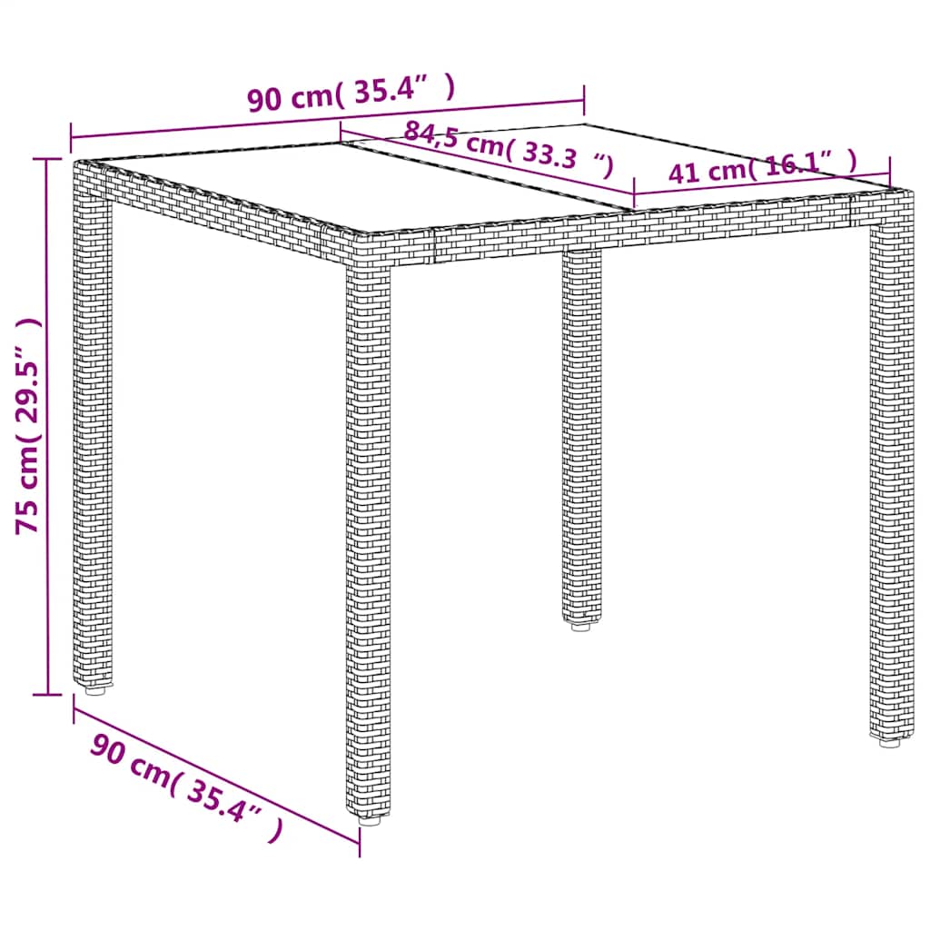 fehér polyrattan üveglapos kerti asztal 90 x 90 x 75 cm
