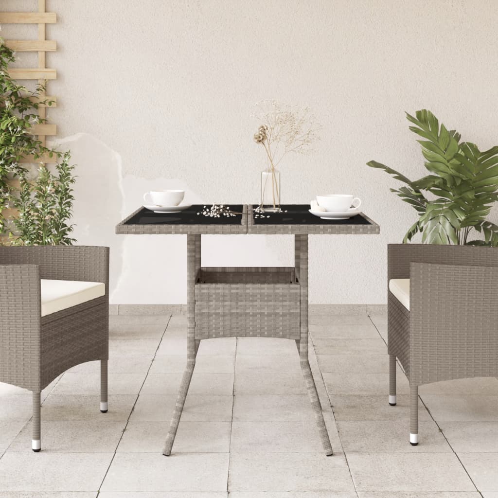 világosszürke polyrattan üveglapos kerti asztal 80 x 80 x 75 cm