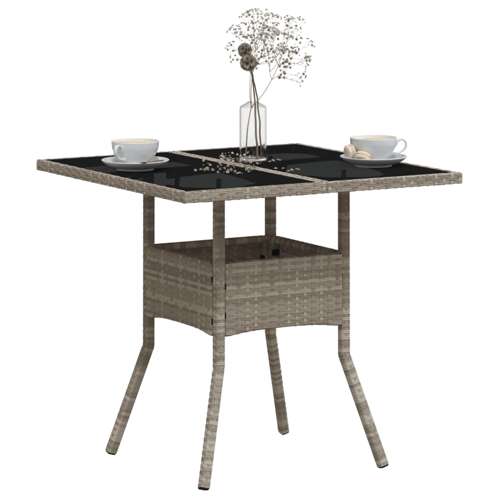 világosszürke polyrattan üveglapos kerti asztal 80 x 80 x 75 cm