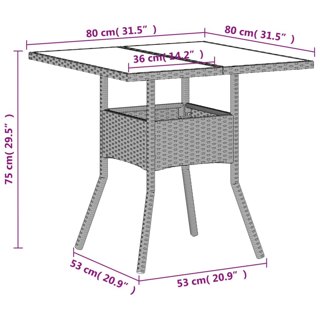világosszürke polyrattan üveglapos kerti asztal 80 x 80 x 75 cm