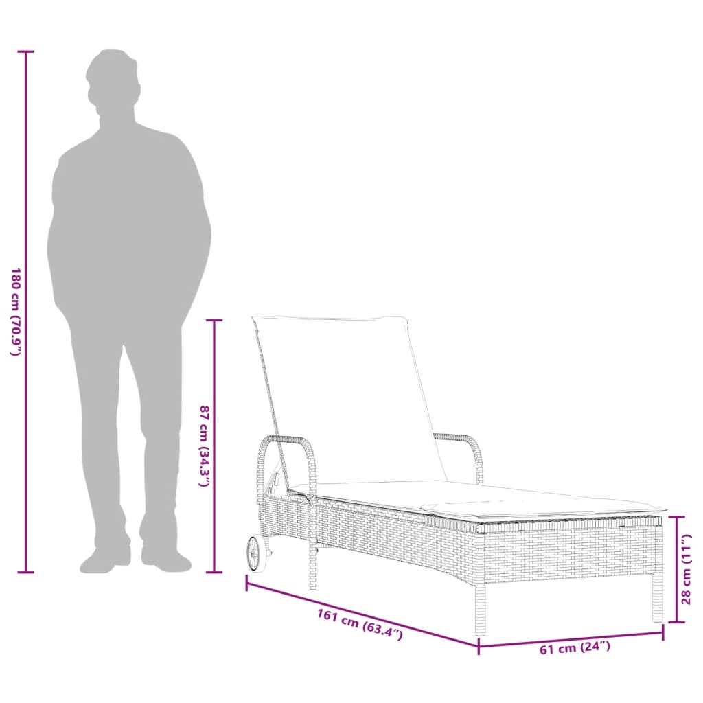 barna polyrattan napozóágy párnával és kerekekkel