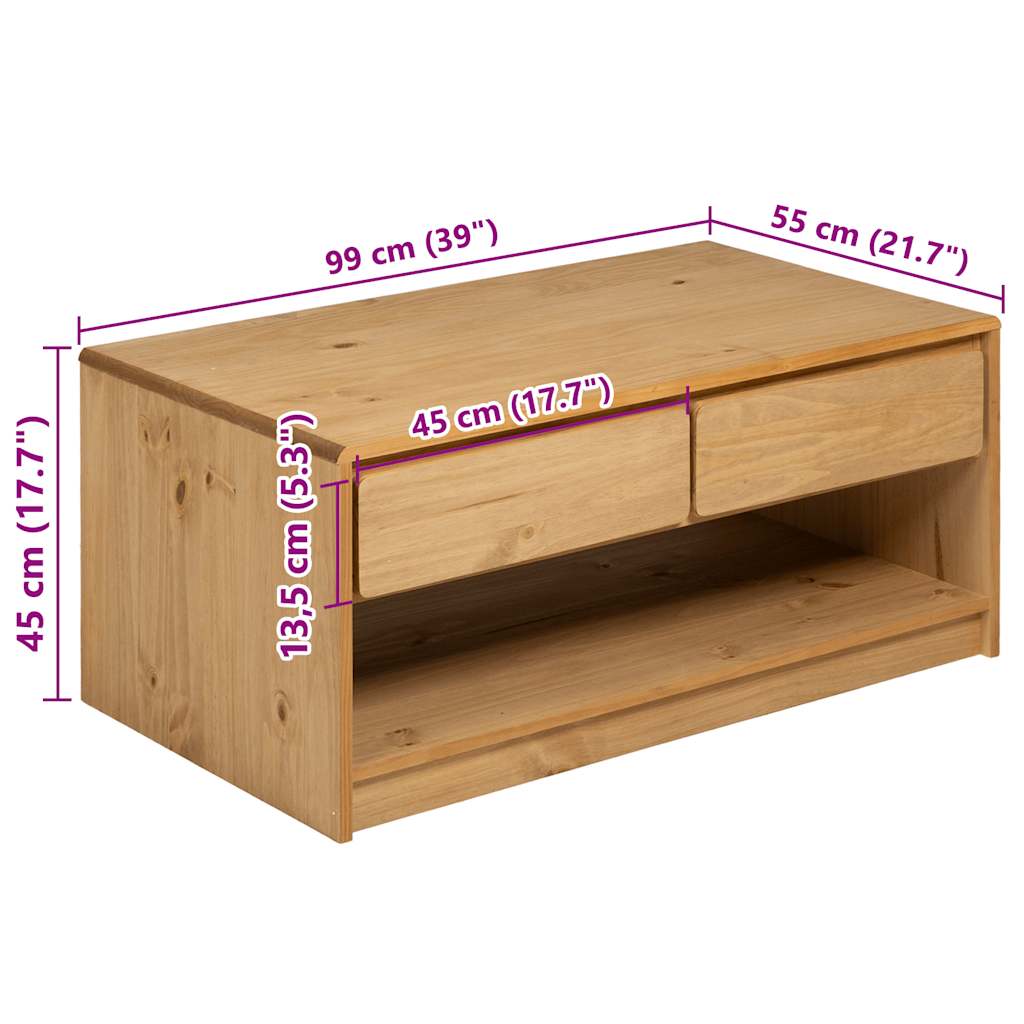 SAUDA tölgyszínű tömör fenyőfa dohányzóasztal 99 x 55 x 45 cm