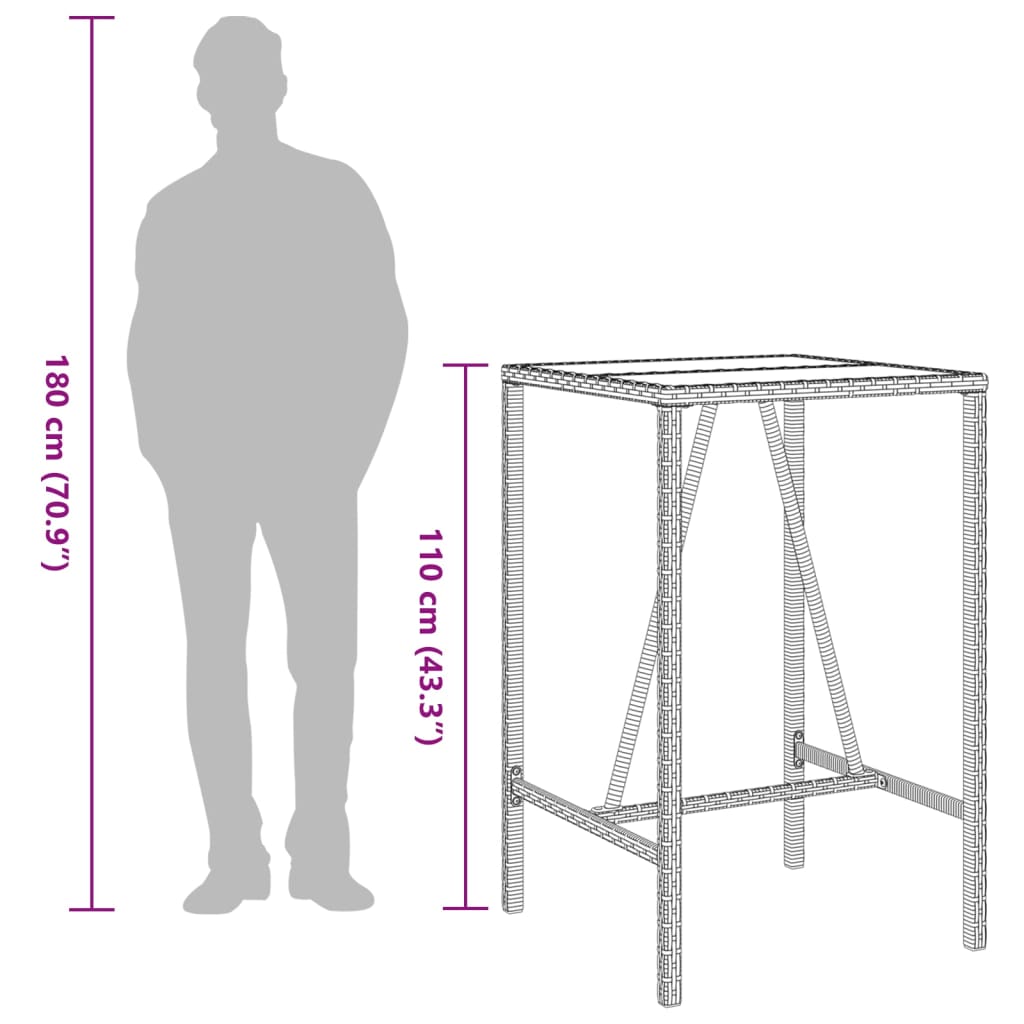 barna polyrattan kültéri bárasztal 70 x 70 x 110 cm