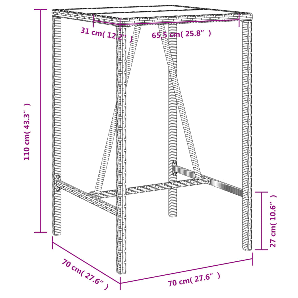 barna polyrattan kültéri bárasztal 70 x 70 x 110 cm