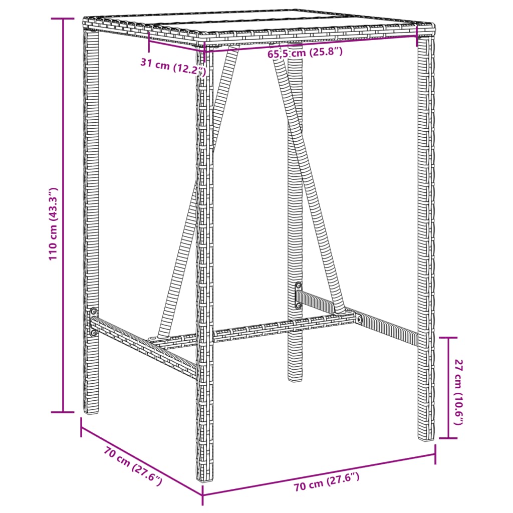 szürke polyrattan kültéri bárasztal 70 x 70 x 110 cm