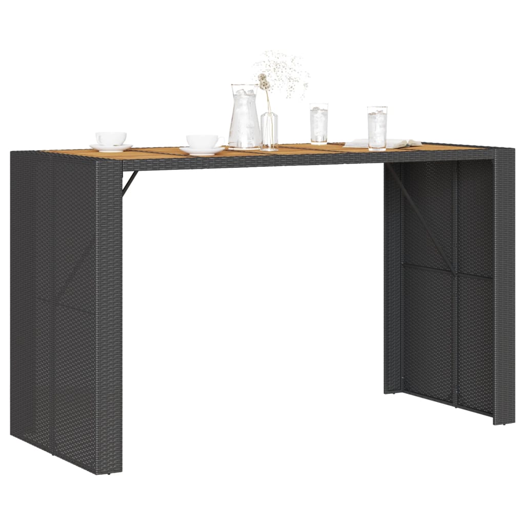 fekete polyrattan kerti bárasztal akácfa lappal 185x80x110 cm