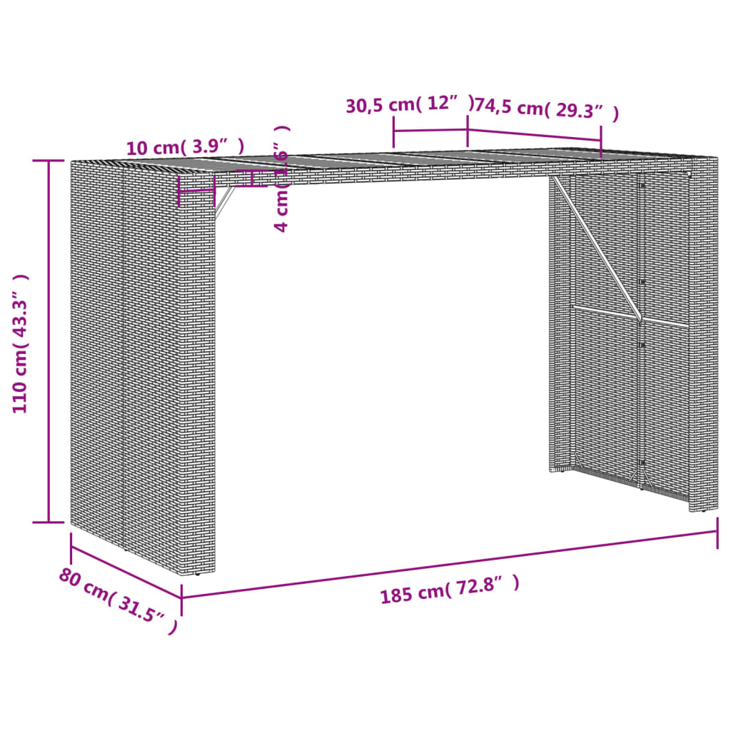 szürke polyrattan kerti bárasztal akácfa lappal 185x80x110 cm