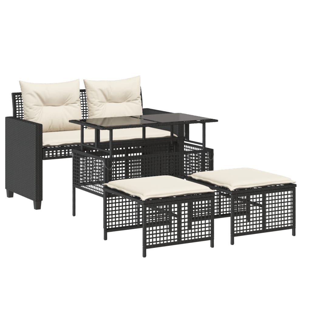 4 részes fekete polyrattan üveg kerti ülőgarnitúra párnával