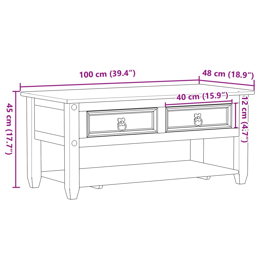 Corona tömör fenyőfa dohányzóasztal fiókokkal 100x48x45 cm