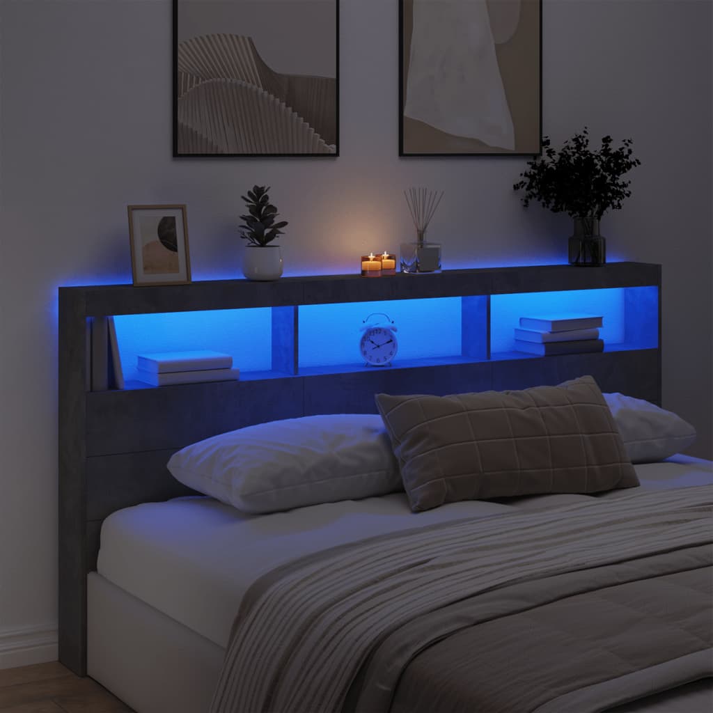betonszürke áthidalószekrény LED-világítással 200 x 17 x 102 cm