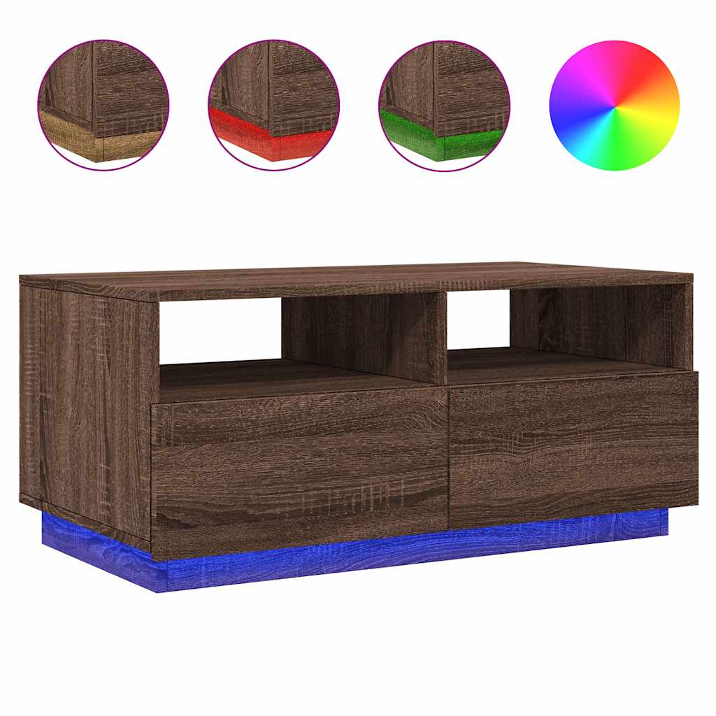 barna tölgyszínű dohányzóasztal LED-lámpákkal 90x49x40 cm