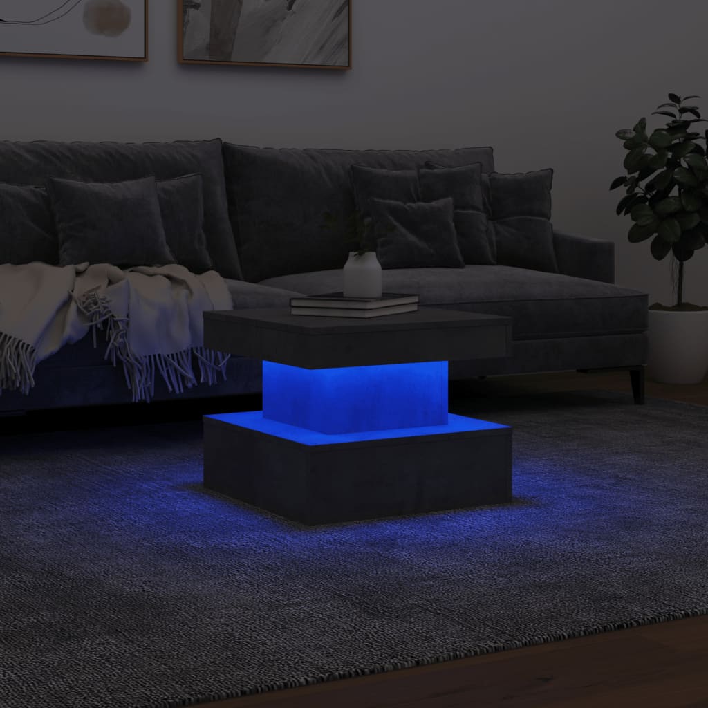 betonszürke dohányzóasztal LED-lámpákkal 50 x 50 x 40 cm