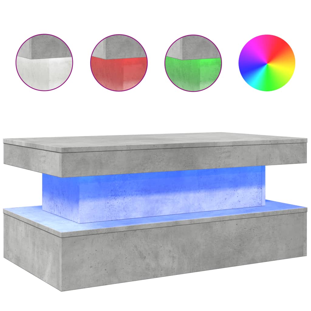 betonszürke dohányzóasztal LED-lámpákkal 90x50x40 cm