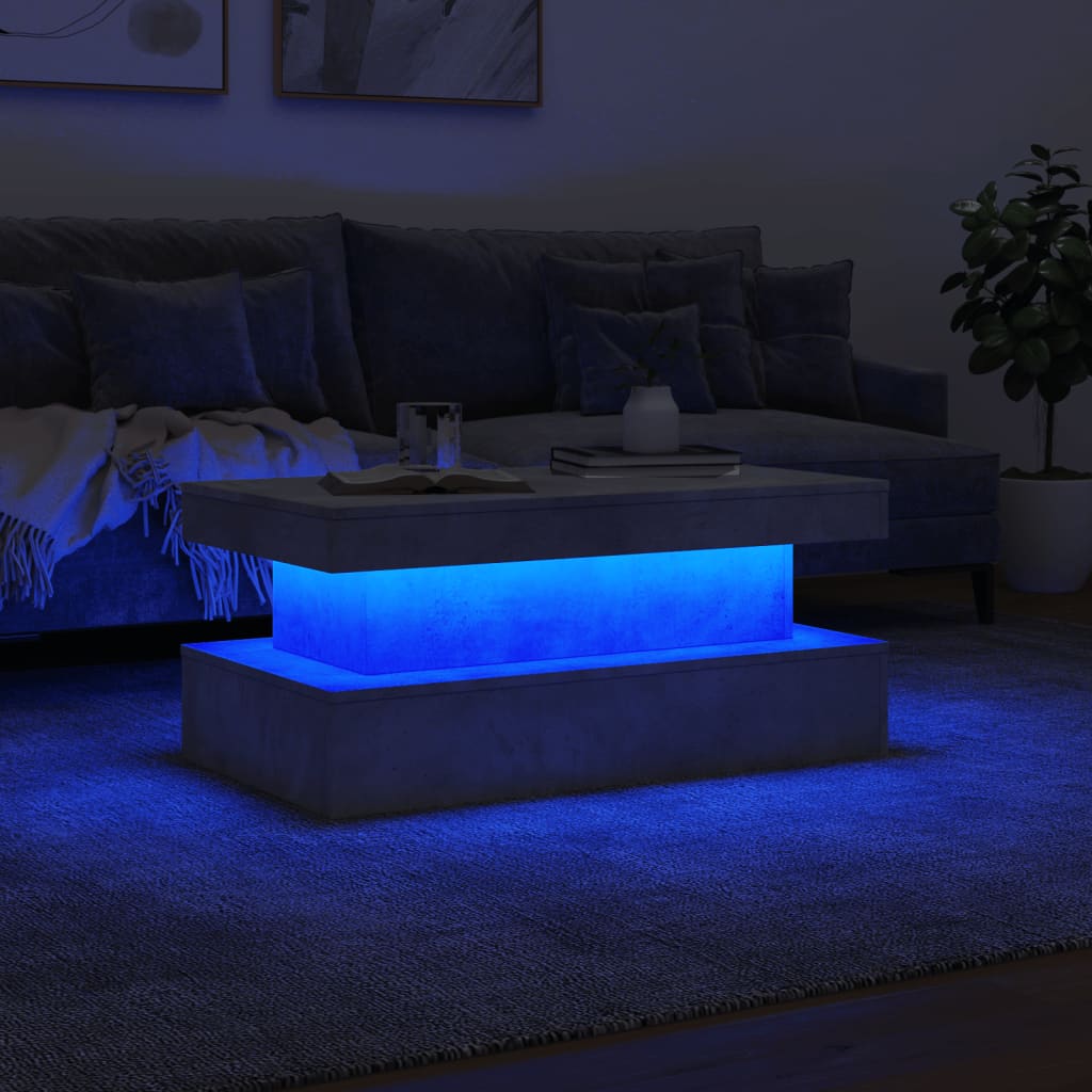 betonszürke dohányzóasztal LED-lámpákkal 90x50x40 cm