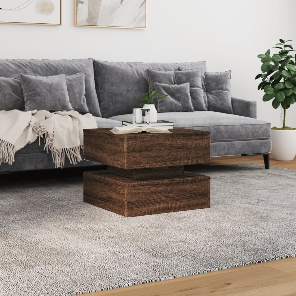 barna tölgyszínű dohányzóasztal LED-lámpákkal 50 x 50 x 40 cm