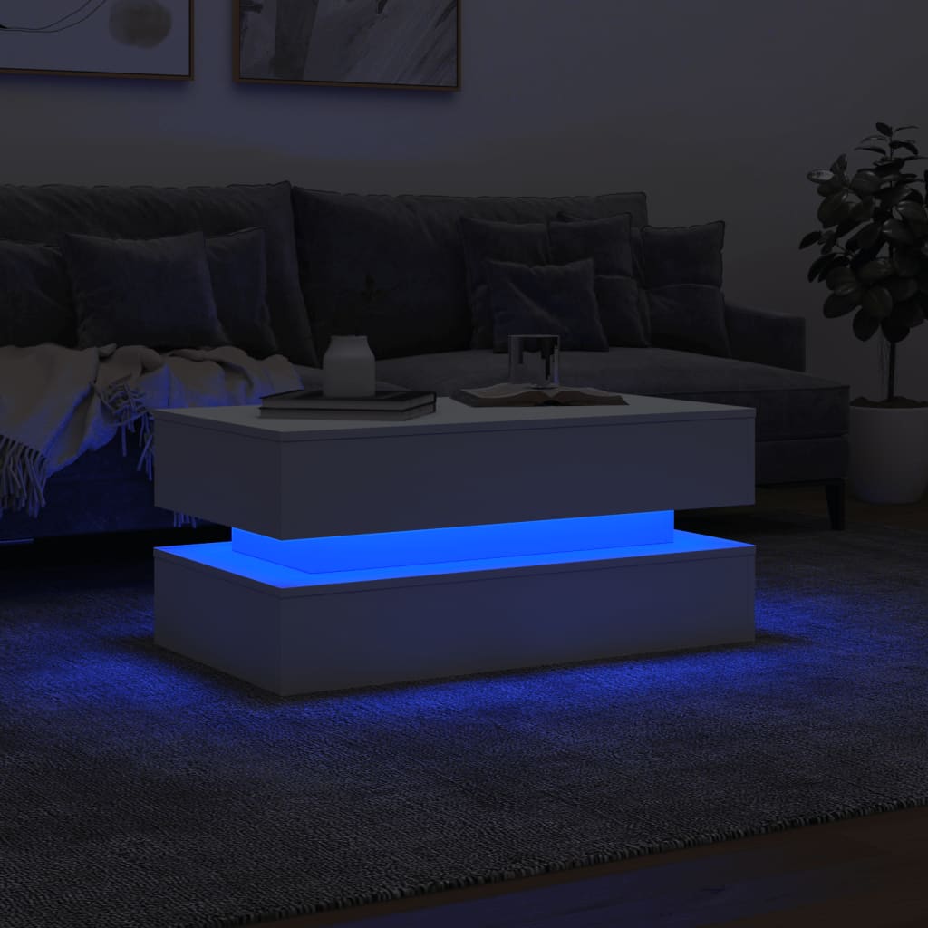 fehér dohányzóasztal LED-lámpákkal 90x50x40 cm