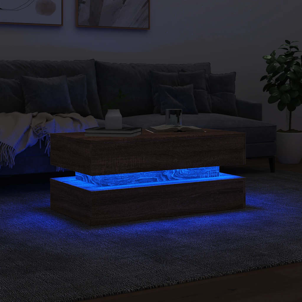 barna tölgyszínű dohányzóasztal LED-lámpákkal 90x50x40 cm