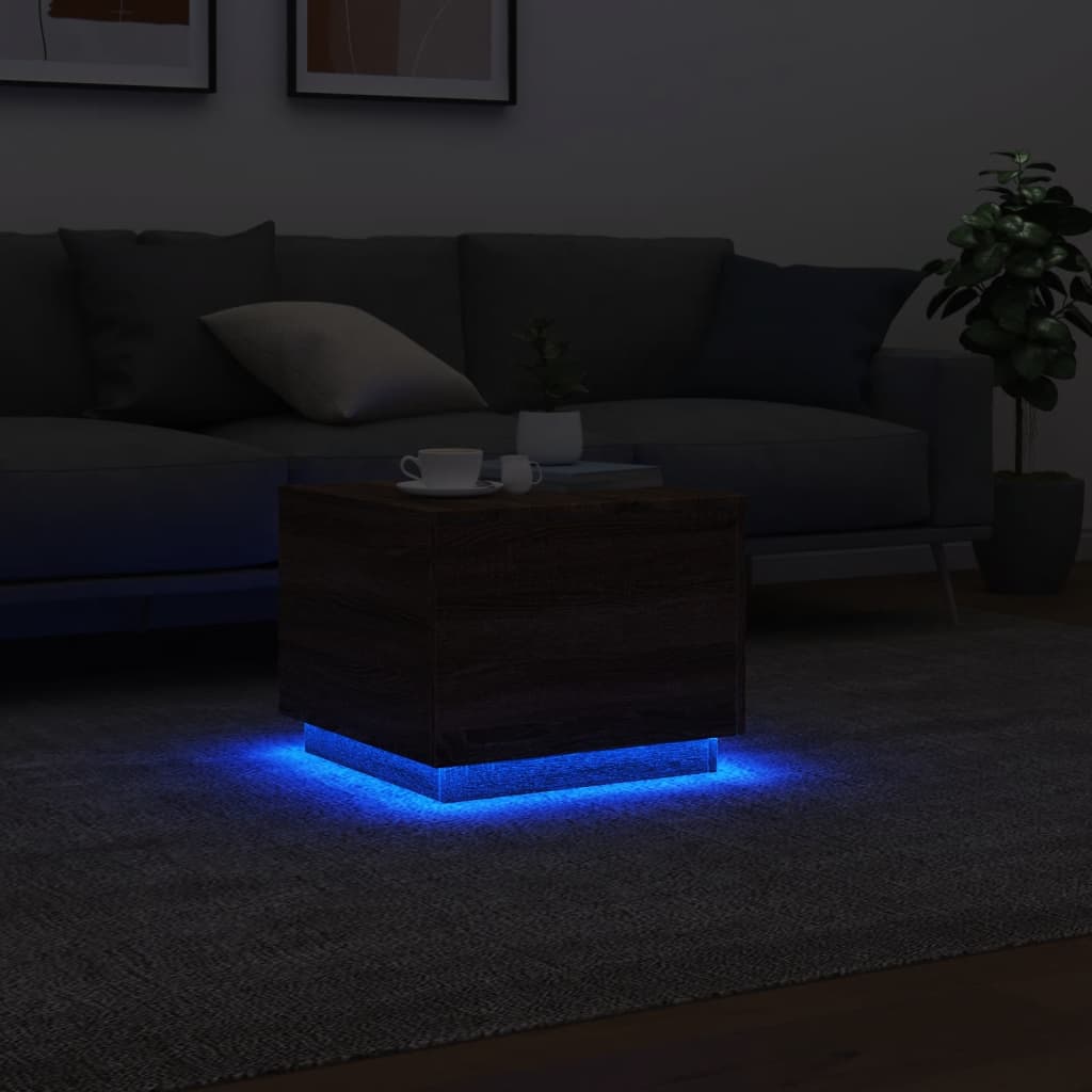 barna tölgyszínű dohányzóasztal LED-lámpákkal 50 x 50 x 40 cm