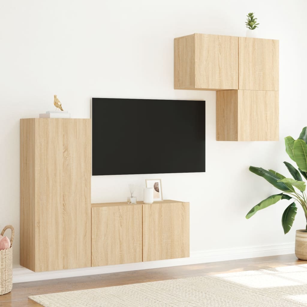4 darab füstös tölgy színű szerelt fa falra szerelhető TV-bútor