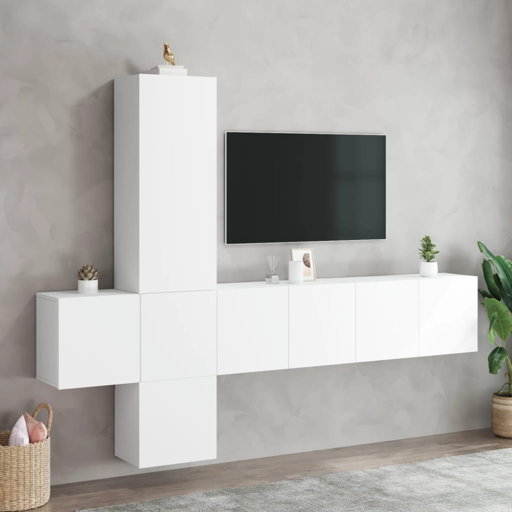 5 darab fehér szerelt fa falra szerelhető TV-bútor