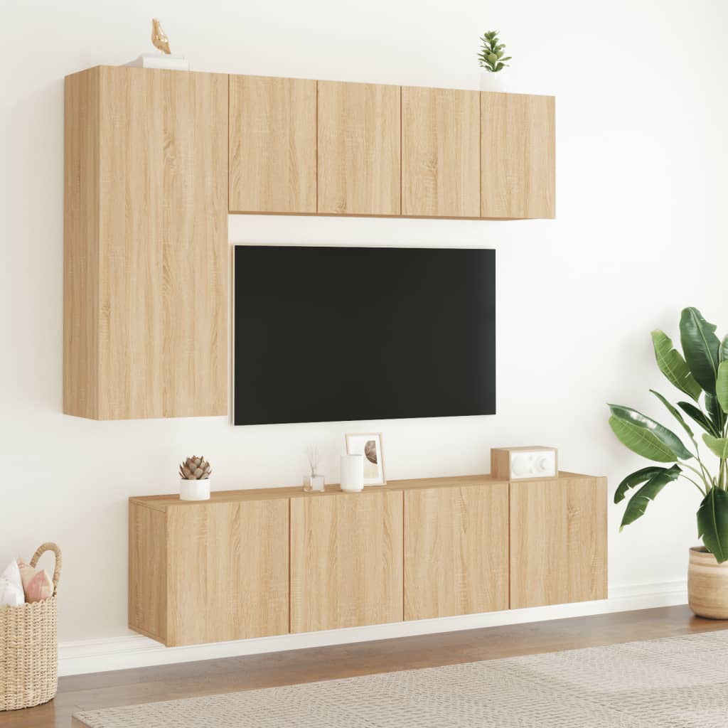 5 darab füstös tölgy színű szerelt fa falra szerelhető TV-bútor