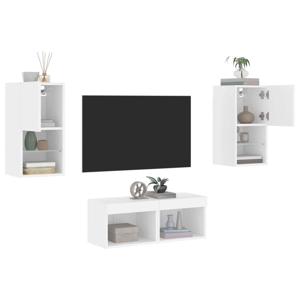4 darab fehér falra szerelhető TV-szekrény LED-del