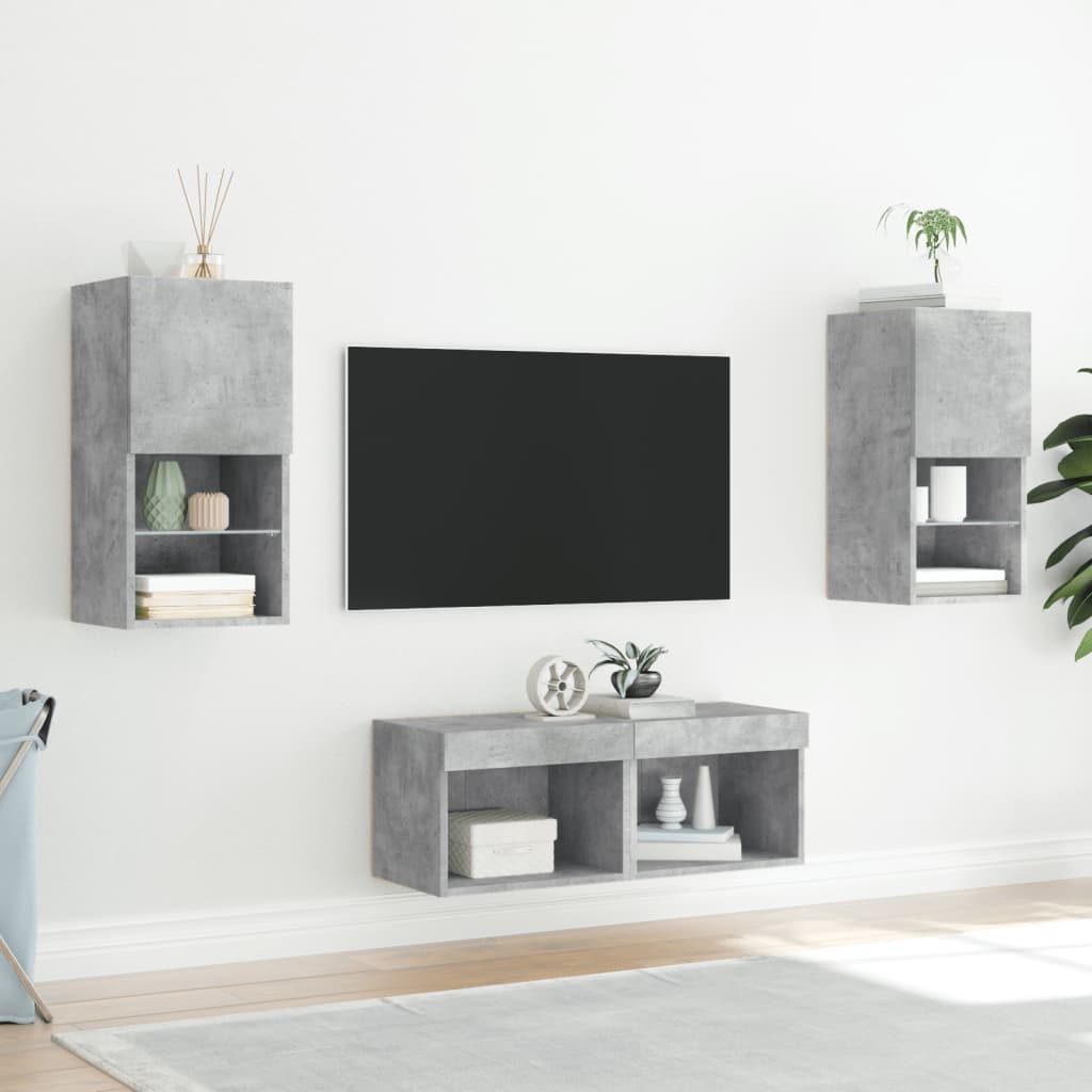 4 darab betonszürke falra szerelhető TV-szekrény LED-del