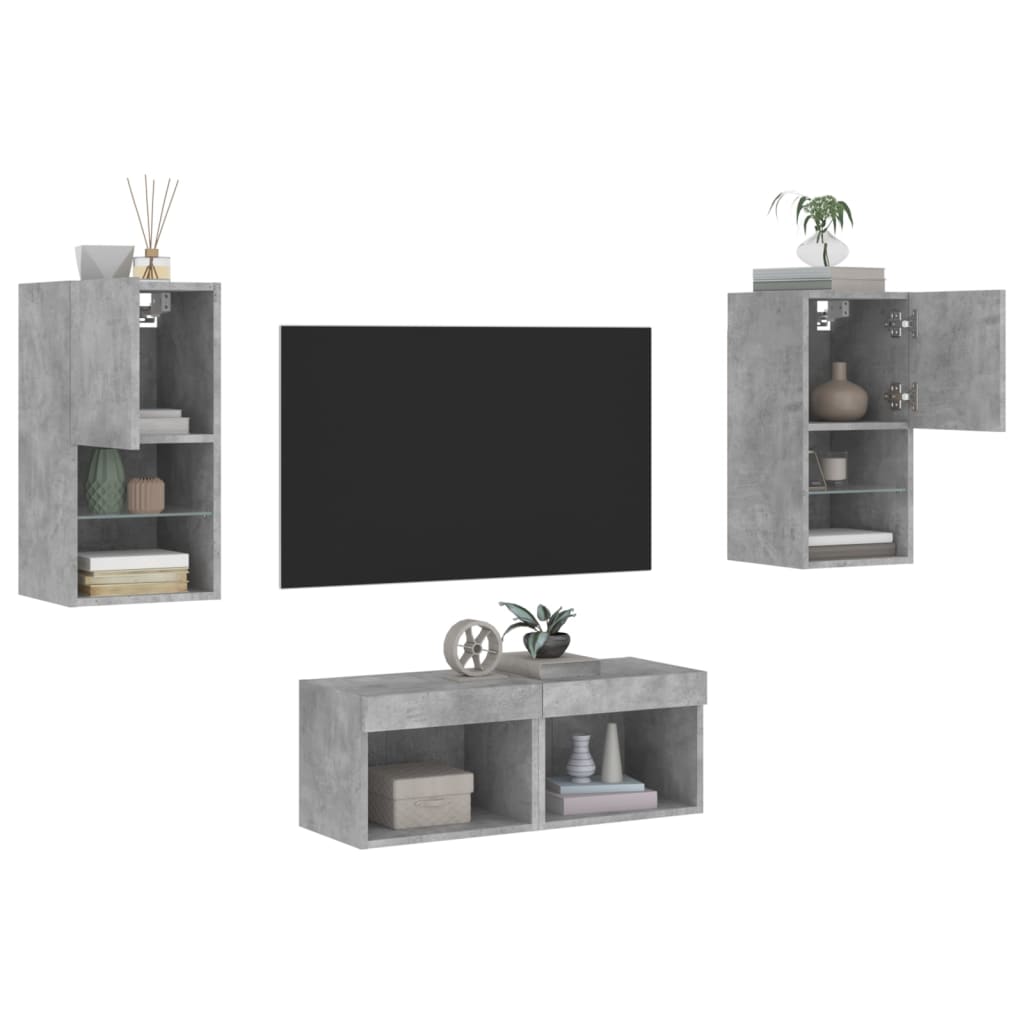 4 darab betonszürke falra szerelhető TV-szekrény LED-del