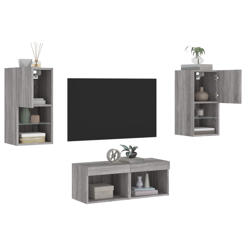 4darab szürke sonoma színű falra szerelhető TV-szekrény LED-del