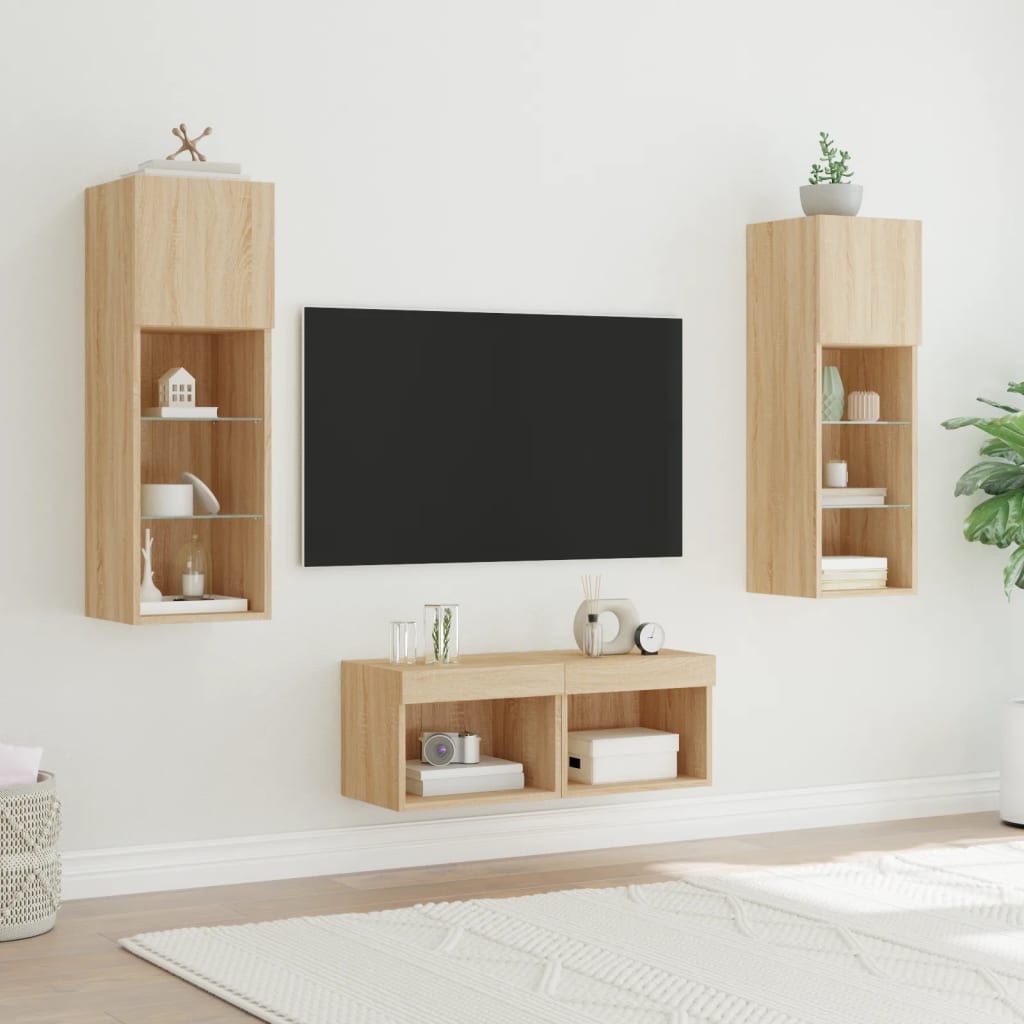 4 darab sonoma tölgy színű falra szerelhető TV-szekrény LED-del