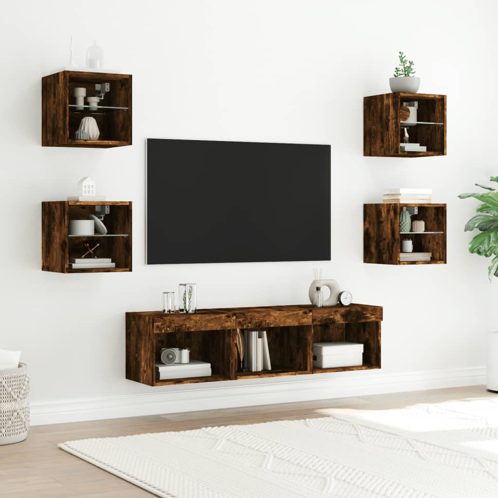 7 darab füstös tölgy színű szerelt fa TV-bútor LED-del