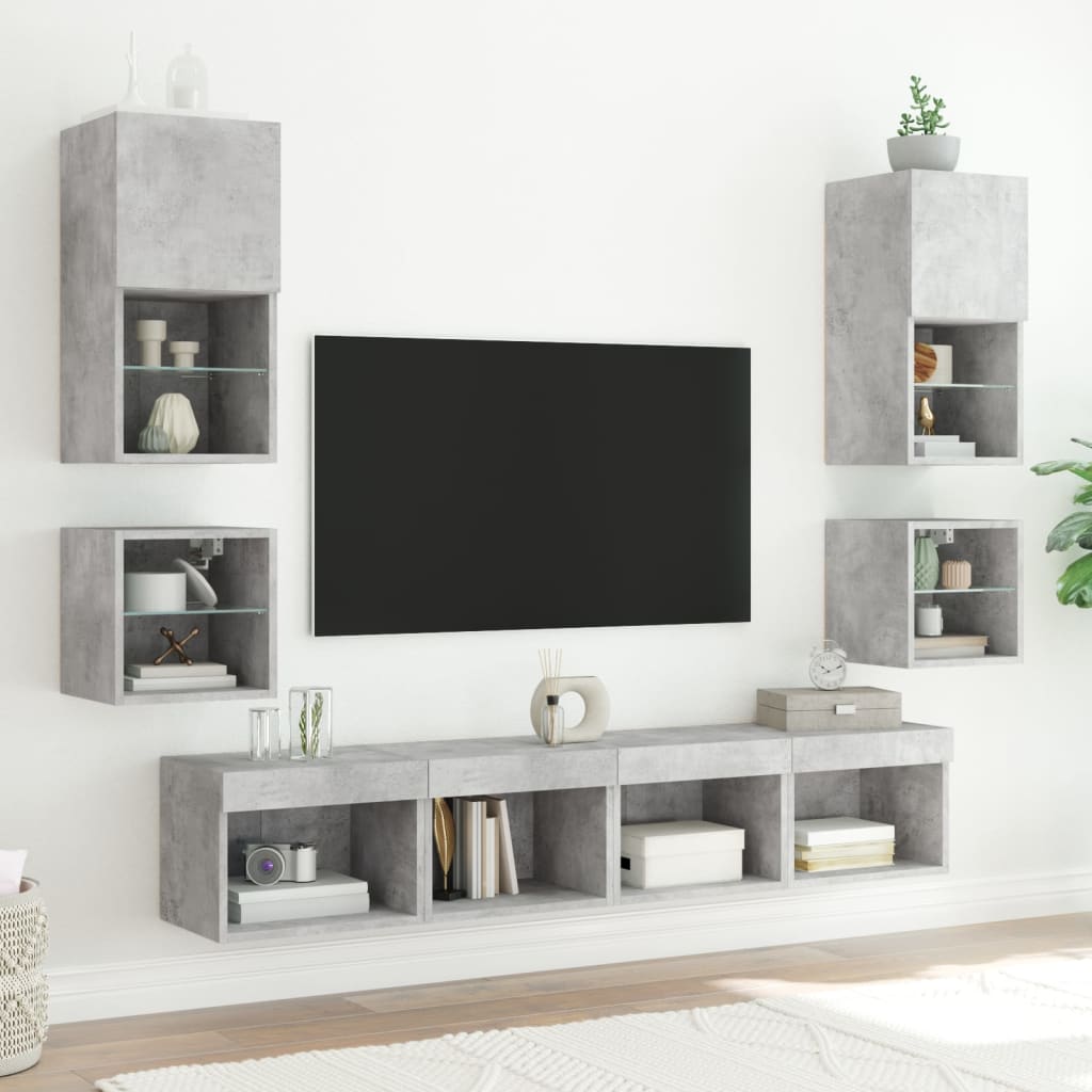 8 darab betonszürke szerelt fa fali TV-bútor LED-del