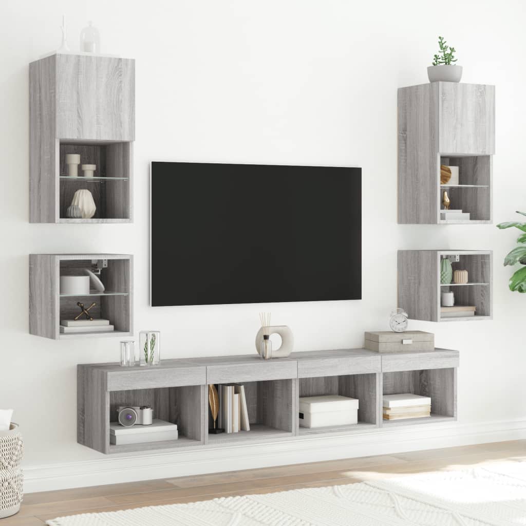 8 darab szürke sonoma színű szerelt fa fali TV-bútor LED-del