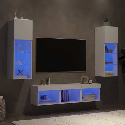 5 darab fehér szerelt fa fali TV-bútor LED-del