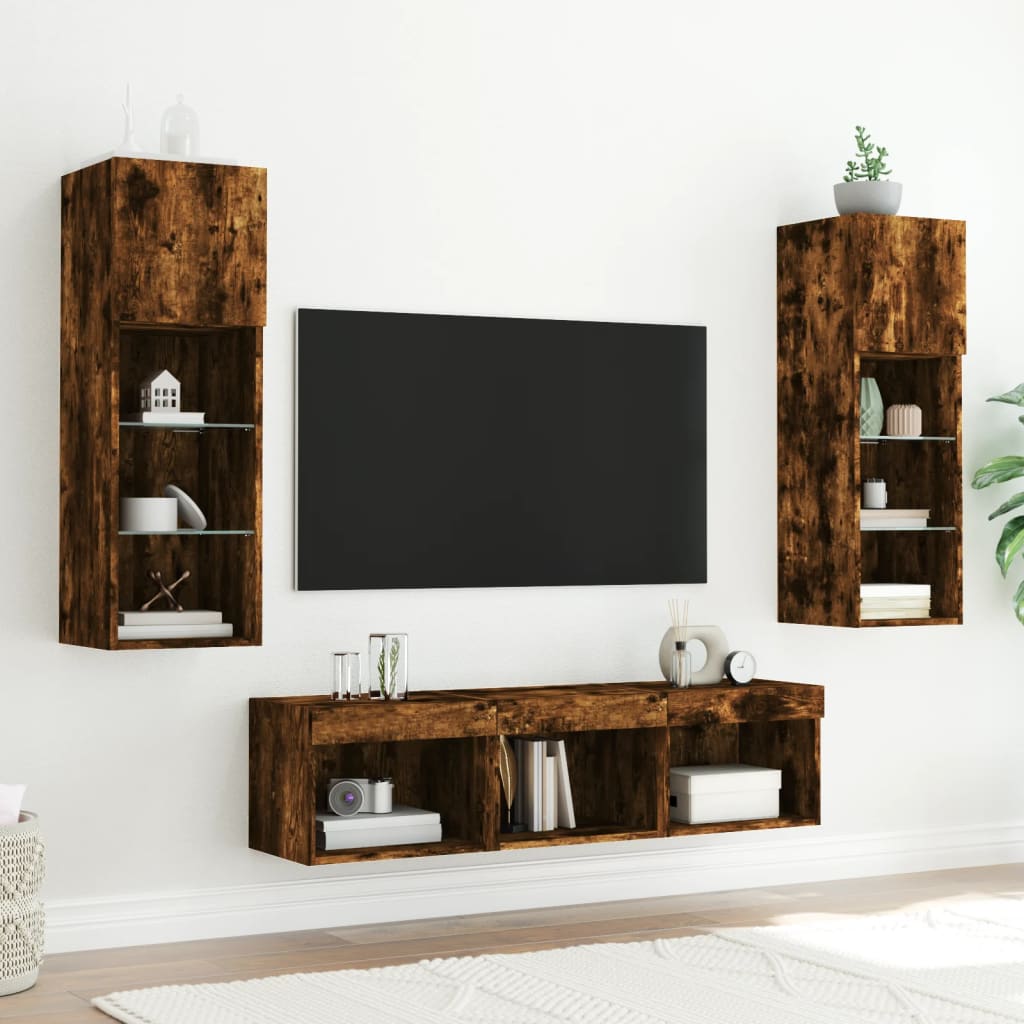 5 darab füstös tölgy színű szerelt fa TV-bútor LED-del