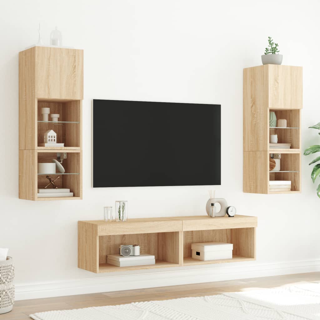 6 darab füstös tölgy színű szerelt fa TV-bútor LED-del