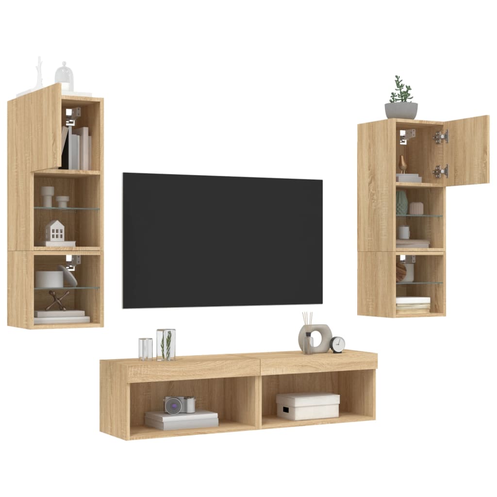 6 darab füstös tölgy színű szerelt fa TV-bútor LED-del