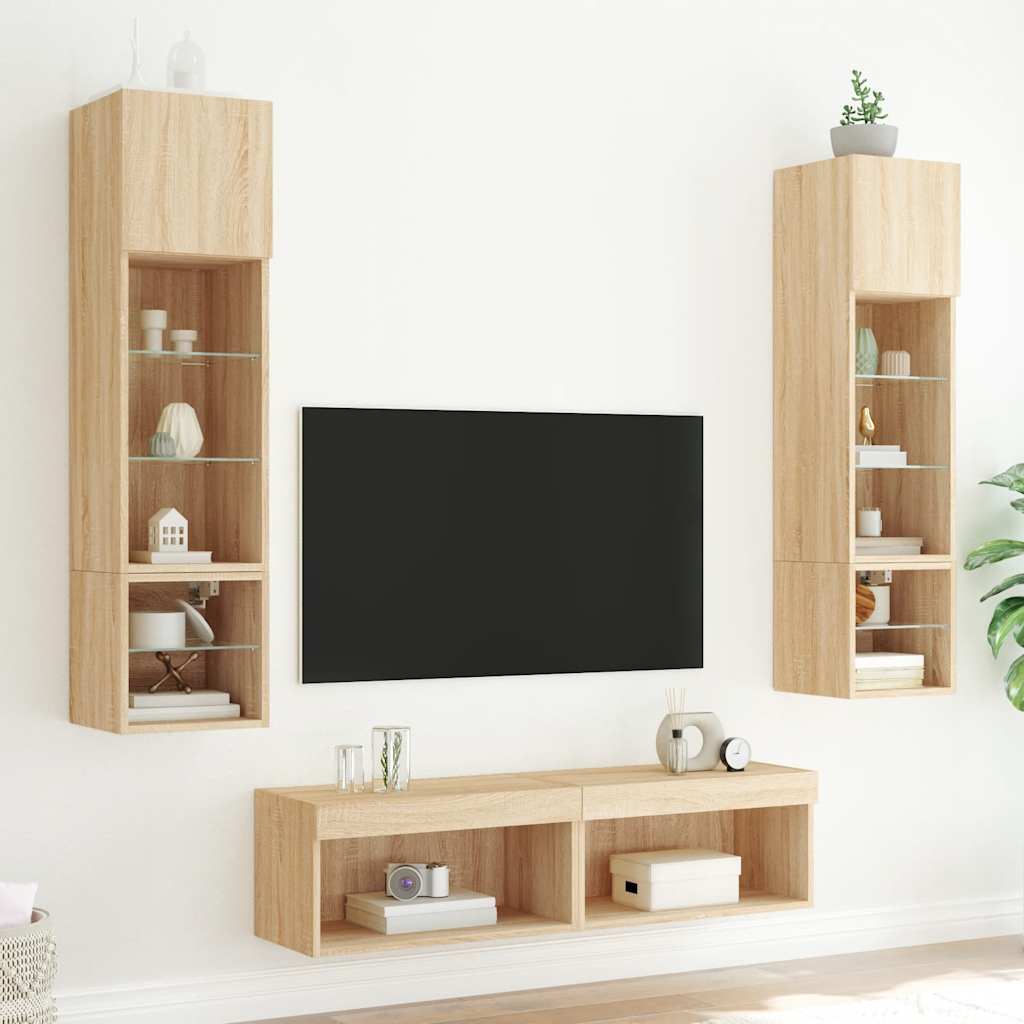6 darab füstös tölgy színű szerelt fa TV-bútor LED-del