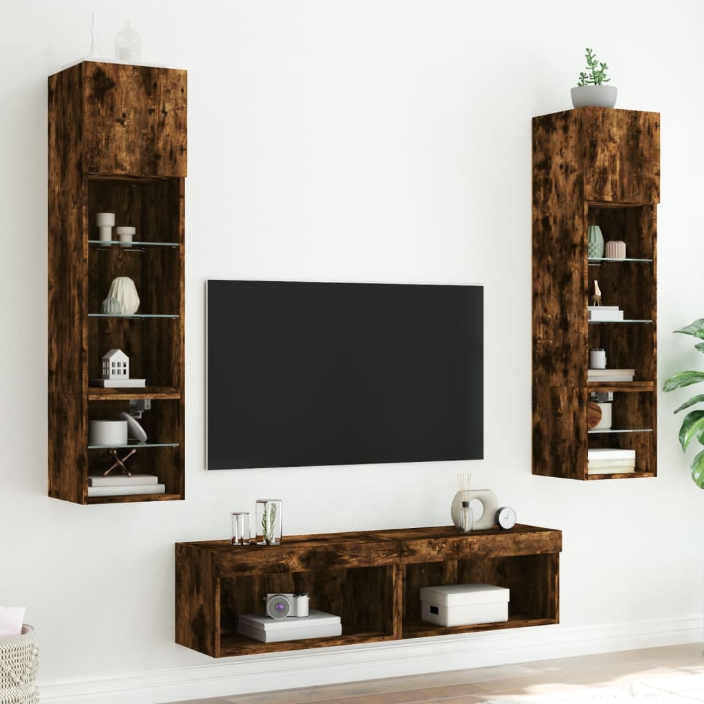 6 darab füstös tölgy színű szerelt fa TV-bútor LED-del