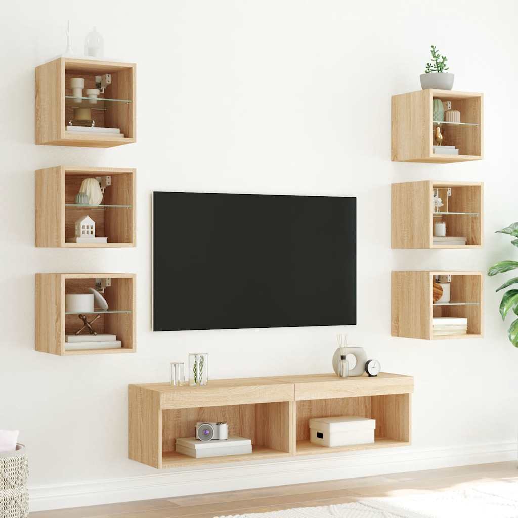8 darab füstös tölgy színű szerelt fa TV-bútor LED-del