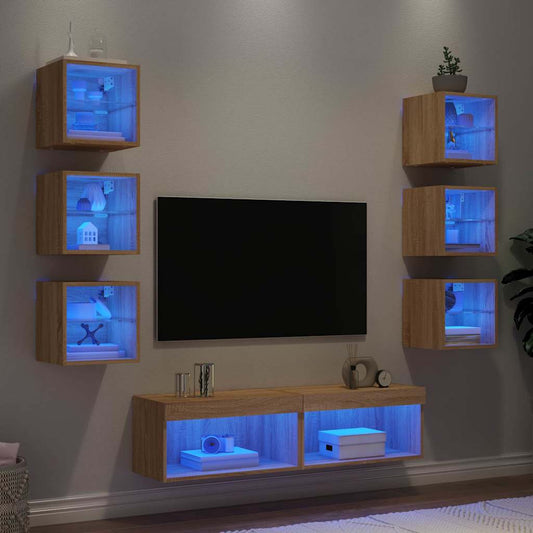 8 darab füstös tölgy színű szerelt fa TV-bútor LED-del