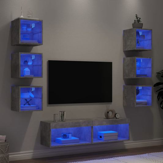 8 darab betonszürke szerelt fa fali TV-bútor LED-del